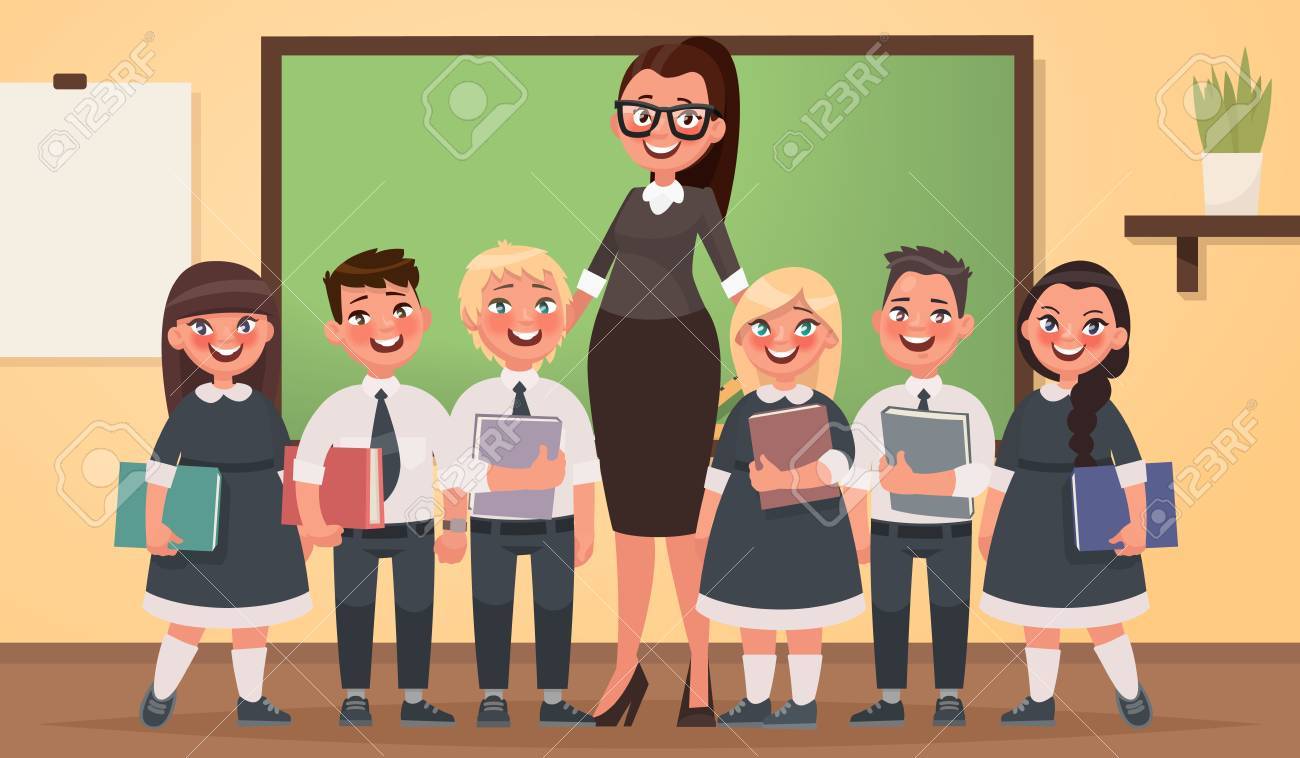 en la imagen está una profesora con seis estudiantes pequeños